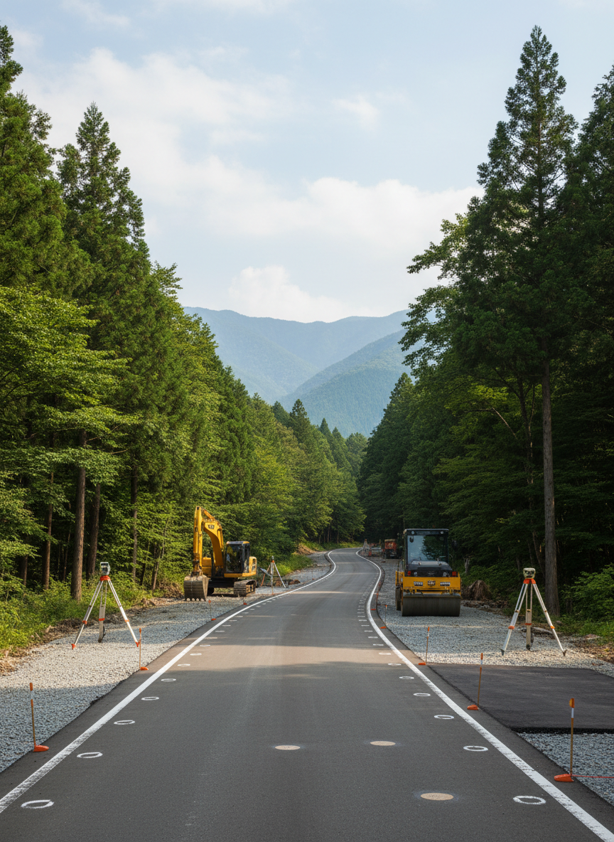 A modern civil engineering construction site set in the lush valley at the foot of Mount Mizugaki in Oku-Chichibu, captured in photographic realism. In the foreground, a freshly graded rural road of compacted gravel and asphalt curves gently, with crisp white edge lines and reflective safety markers embedded in the surface. On both sides, dense cedar and broadleaf forest rise steeply, their deep greens contrasting with the muted grays and browns of the machinery: excavators, compactors, and survey tripods neatly positioned. Soft afternoon sunlight filters through light clouds, creating even, diffused illumination with gentle shadows. Shot from an eye-level angle using a wide lens, the composition leads the viewer’s eye along the road toward blue-tinged mountain ridges. The atmosphere is professional, dependable, and quietly dynamic, emphasizing long-term infrastructure supporting the local community.